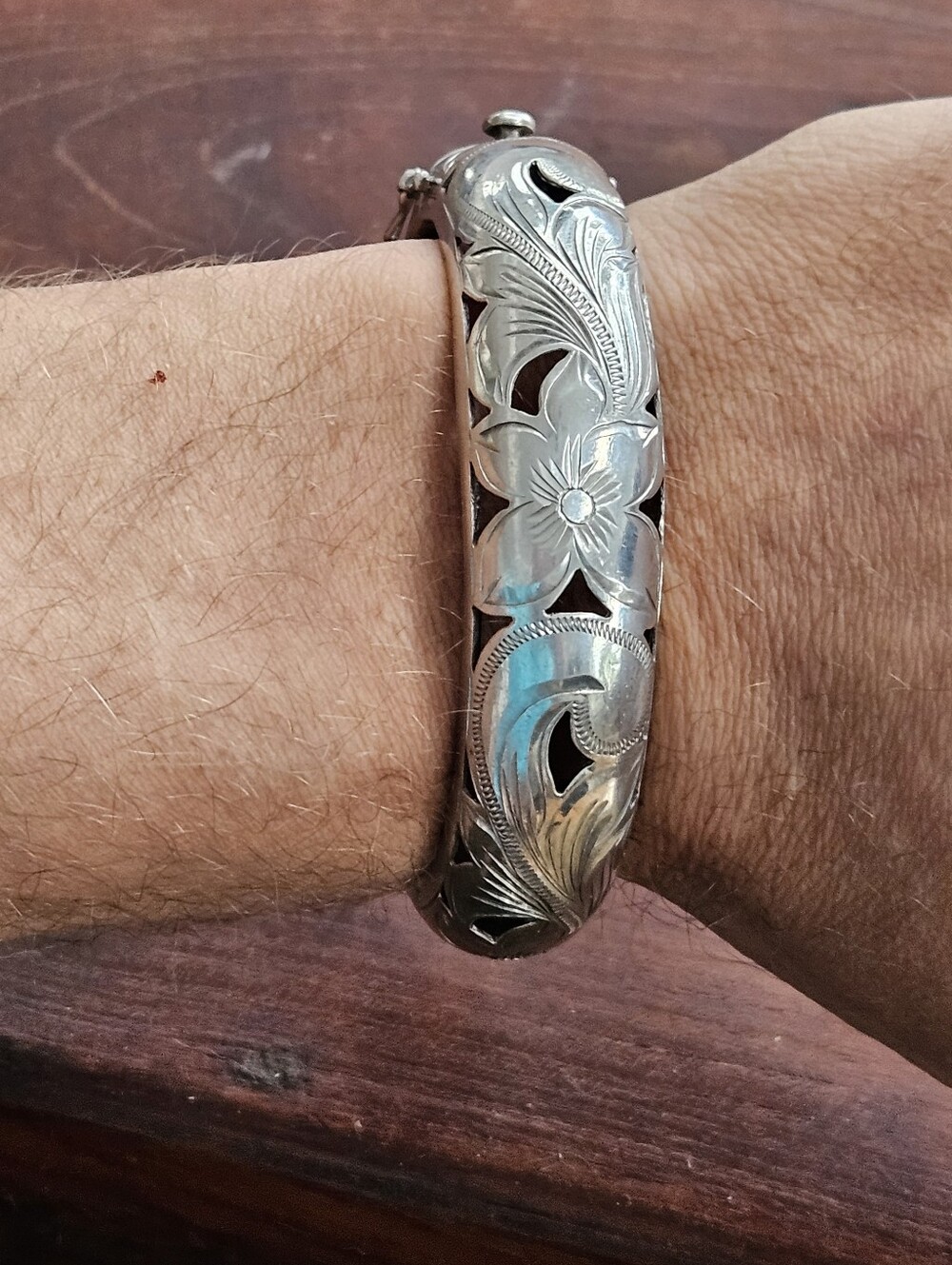Vintage 18mm Hawaiian Sterling Silver Hibiscus Cut Out Chunky Bangle Bracelet